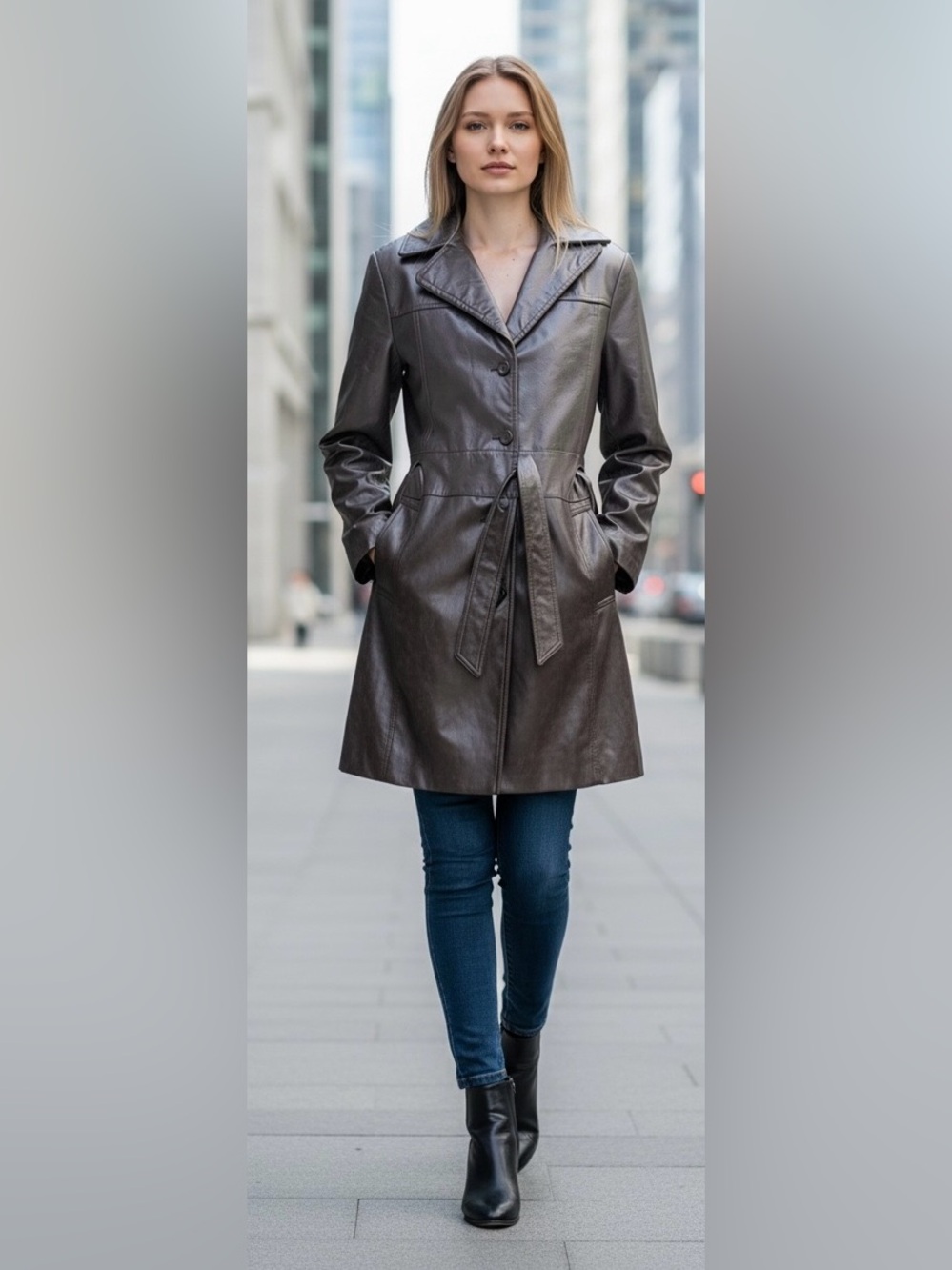 Giacca Brown Faux Leather Trench Coat Size Small